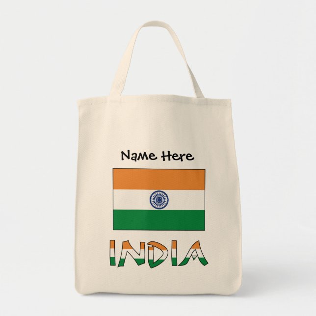 Indien och Indiska Flagga med ditt namn Tygkasse (Framsidan)