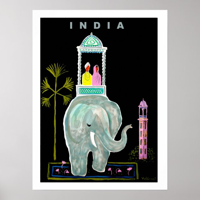 Indien, par som rider på blå elefant, målning poster (Framsidan)