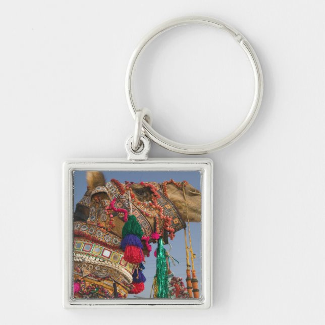 INDIEN, Rajasthan, Pushkar: PUSHKAR KAMELMÄSSA, Fyrkantig Silverfärgad Nyckelring (Framsidan)