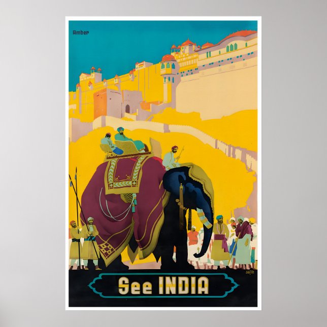 Indien Resa Poster Indisk Tryck Elefant Konst (Framsidan)