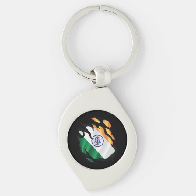Indien Rippad Flagga Swirl Silverfärgad Nyckelring (Framsidan)