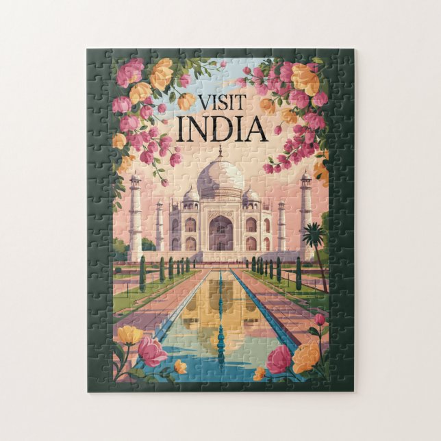 Indien Taj Mahal Illustration Resa Konst Vintage Pussel (Vertikal)