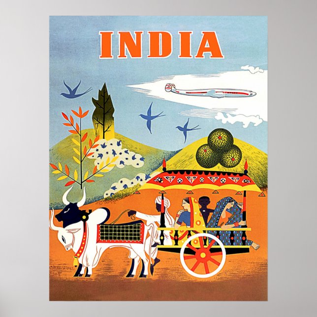 Indien, traditionell konst, människor i vagnar, vi poster (Framsidan)