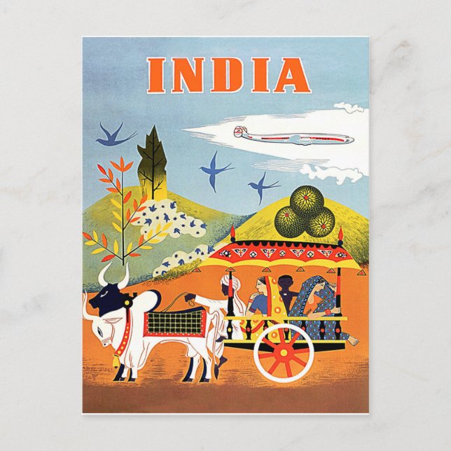 Indien, traditionell konst, människor i vagnar, vi vykort (Framsida)