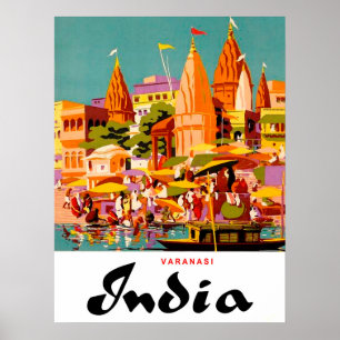 Indien, traditionella byggnader i Varanasi stad Poster