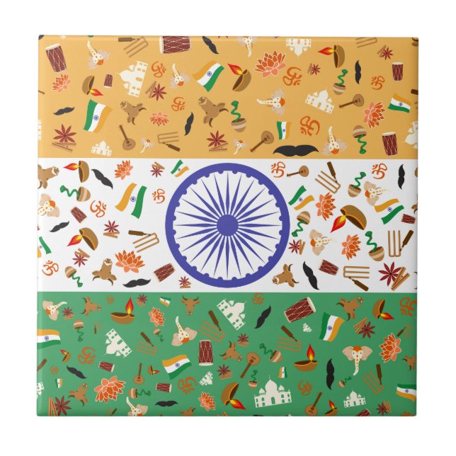 Indiens flagga med kulturföremål kakelplatta (Framsidan)