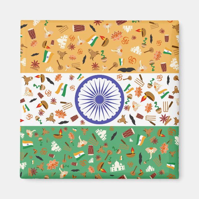 Indiens flagga med kulturföremål magnet (Framsidan)