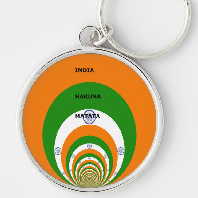 Indiens nationella Flagga Färg design. Hakuna Mata Rund Silverfärgad Nyckelring (Framsidan)