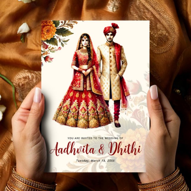 Indienskt bröllop med traditionell brud och brudgu inbjudningar (Indian Wedding with Traditional Bride & Groom Invitation, Hindu Wedding Card)