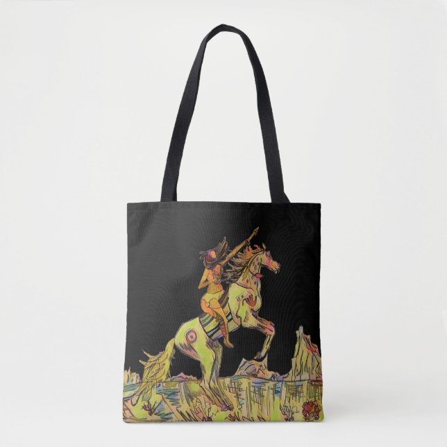 Indigenous Horse Native Indian Tote Bag Black Tygkasse (Framsida)