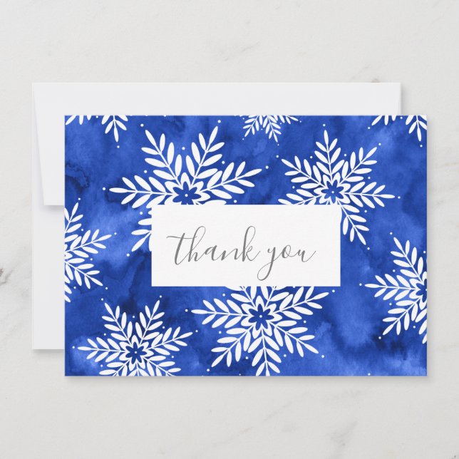 Indigo Abstrakt Watercolor Snöflingor Tack Kort (Framsida)