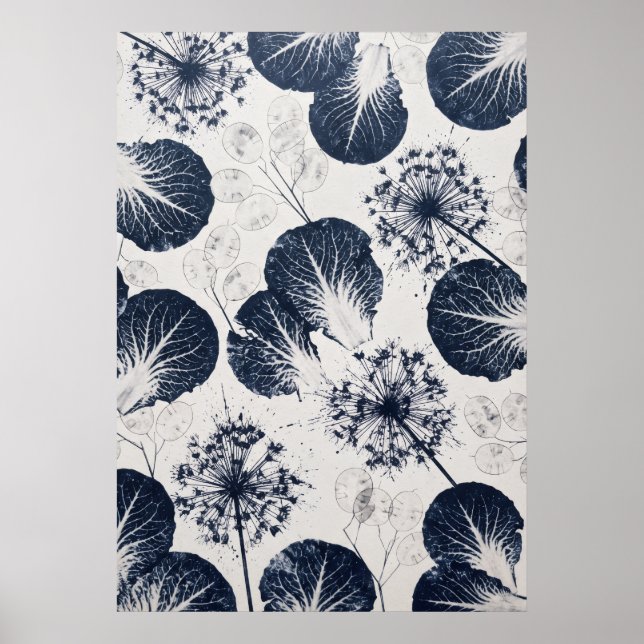 Indigo ådrade blad Lunaria Allium Mönster Affisch (Framsidan)