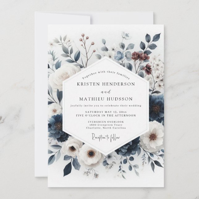 Indigo Artful Bouquet Bröllop Inbjudningar (Framsida)