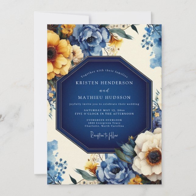 Indigo Artistic Bloom Bröllop Inbjudningar (Framsida)