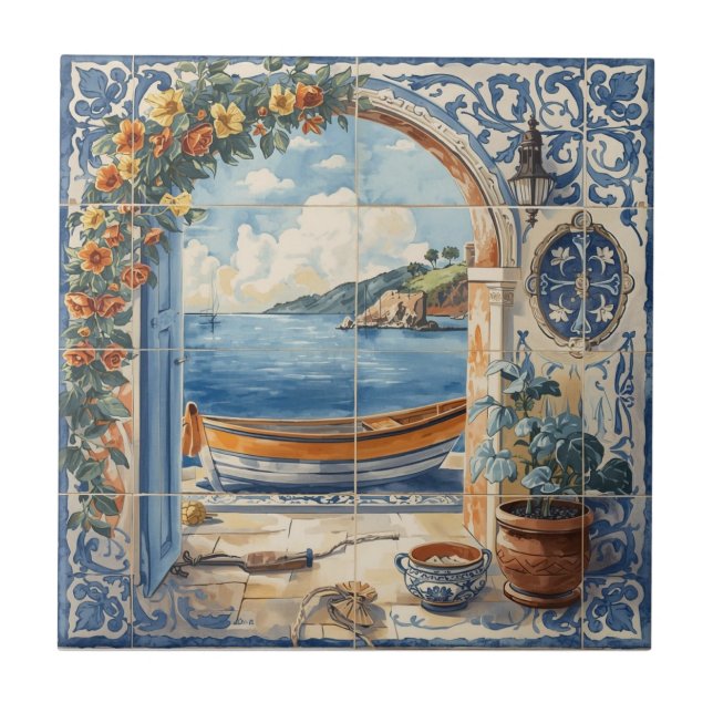 Indigo Azulejo Blå och gul portugisisk  Kakelplatta (Framsidan)