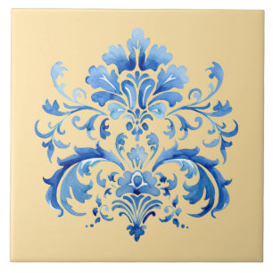 Indigo Azulejo Blå Portugisisk Lissabon Botanisk Kakelplatta