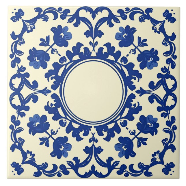 Indigo Azulejo Blå Portugisisk Lissabon Botanisk Kakelplatta (Framsidan)