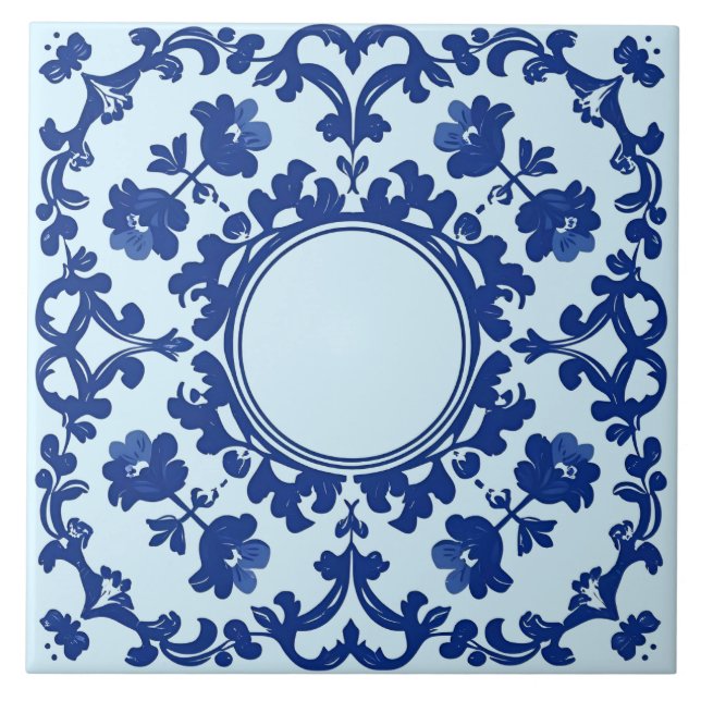 Indigo Azulejo Blå Portugisisk Lissabon Botanisk Kakelplatta (Framsidan)
