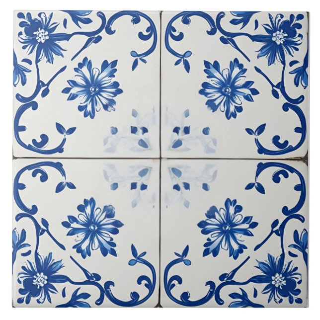 Indigo Azulejo Blå Portugisisk Lissabon Botanisk Kakelplatta (Framsidan)