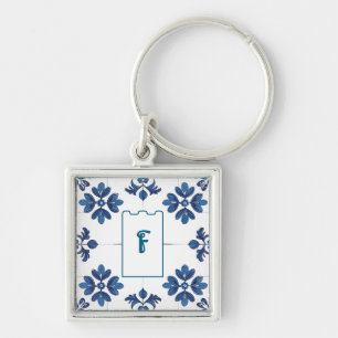 Indigo Azulejo Blå Portugisisk Lissabon Dekorativ Fyrkantig Silverfärgad Nyckelring