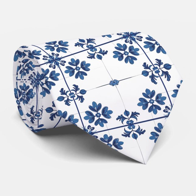 Indigo Azulejo Blå Portugisisk Lissabon Dekorativ Slips (Rullad)