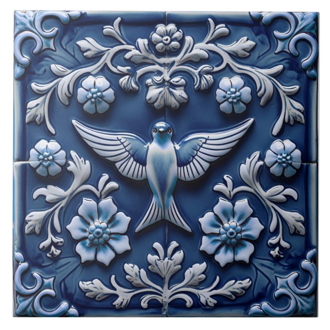 Indigo Azulejo Blå Portugisisk Lissabon fågel Kakelplatta (Framsidan)