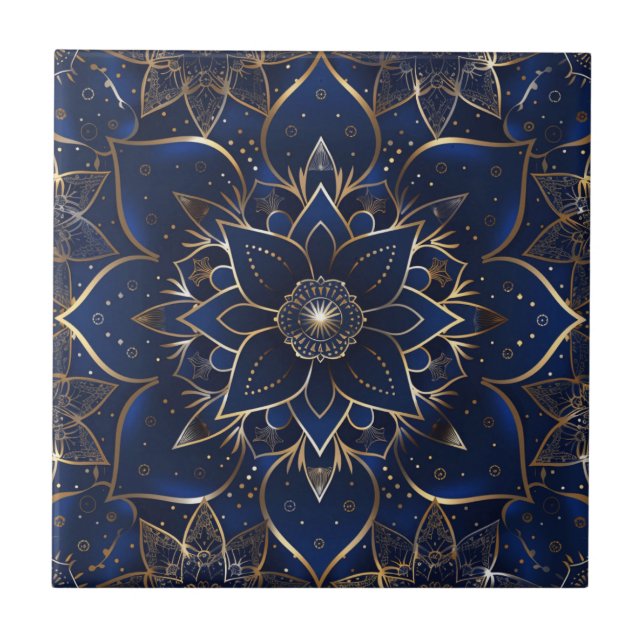 Indigo Azulejo Blå Portugisisk Mandala Dekorativ Kakelplatta (Framsidan)