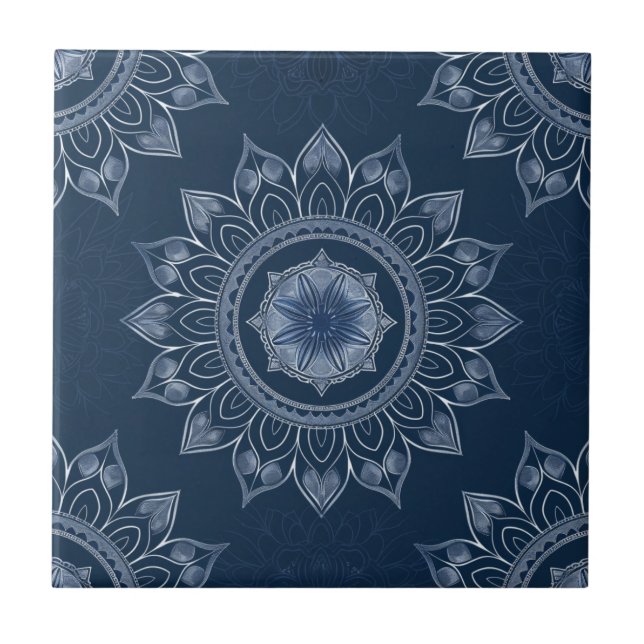 Indigo Azulejo Blå Portugisisk Mandala Dekorativ Kakelplatta (Framsidan)