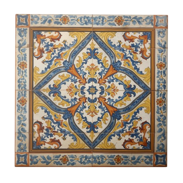Indigo Azulejo Blue and yellow Portuguese  Kakelplatta (Framsidan)