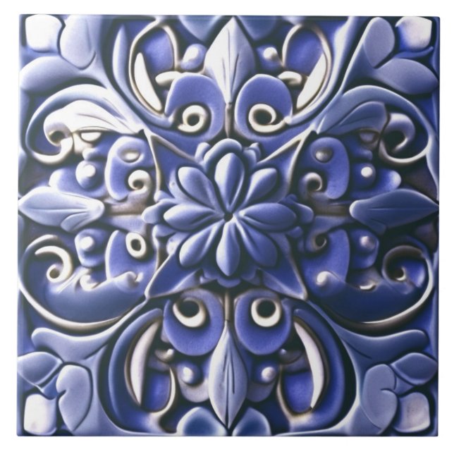 Indigo Azulejo Blue Faux Relief Botanical Flower Kakelplatta (Framsidan)