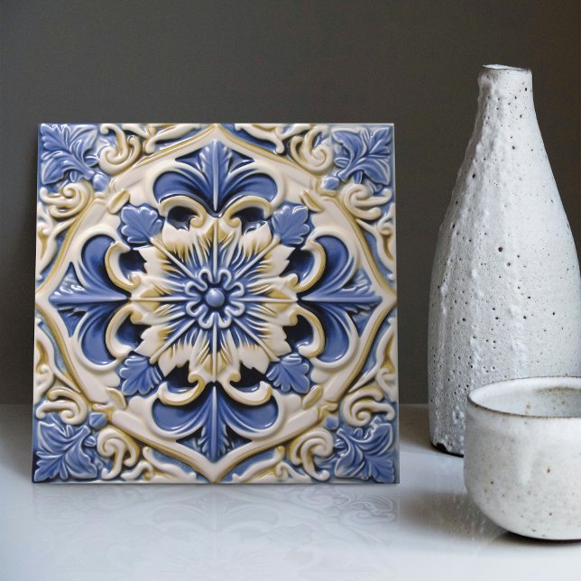 Indigo Azulejo Blue Gult Portugisiska Lissabon Kakelplatta (Skapare uppladdad)