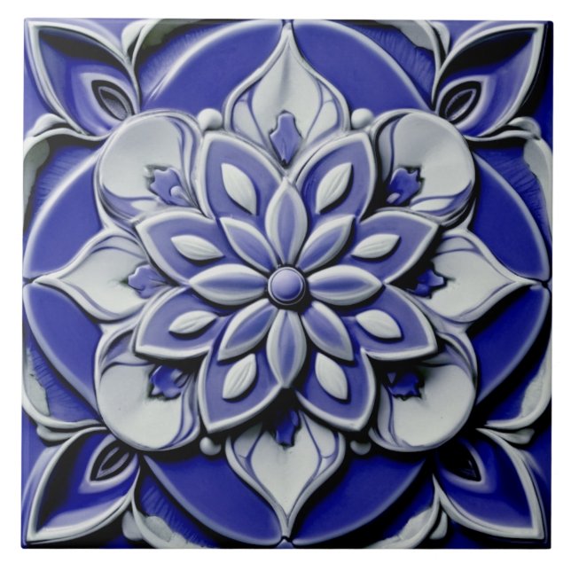 Indigo Azulejo Blue portugisisk Faux Relief Flower Kakelplatta (Framsidan)