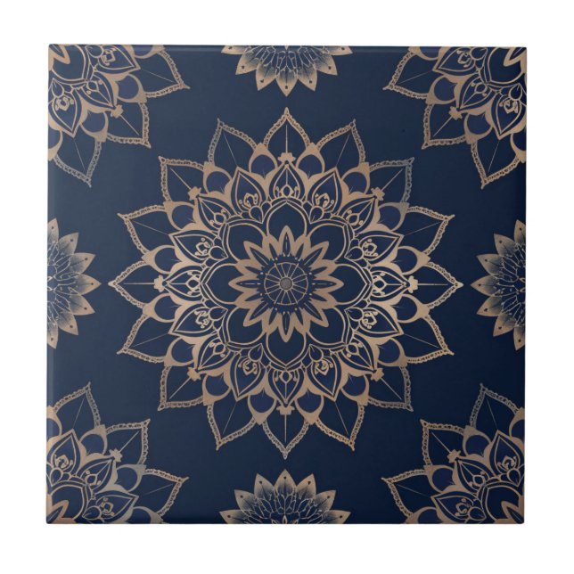 Indigo Azulejo Blue portugisisk Mandala Decorative Kakelplatta (Framsidan)