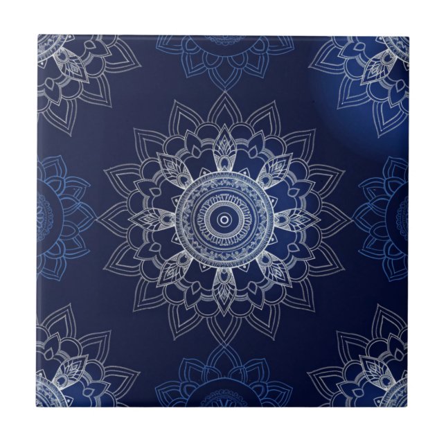 Indigo Azulejo Blue portugisisk Mandala Decorative Kakelplatta (Framsidan)