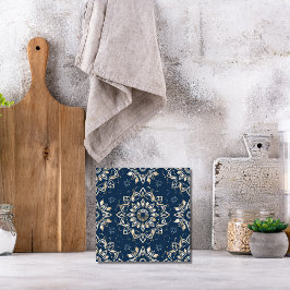 Indigo Azulejo Blue portugisisk Mandala Decorative Kakelplatta