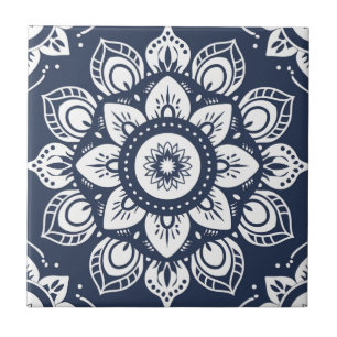 Indigo Azulejo Blue portugisisk Mandala Decorative Kakelplatta