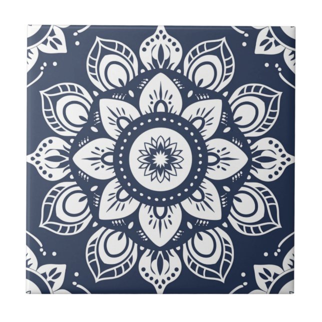 Indigo Azulejo Blue portugisisk Mandala Decorative Kakelplatta (Framsidan)