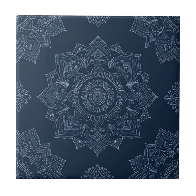 Indigo Azulejo Blue portugisisk Mandala Decorative Kakelplatta (Framsidan)