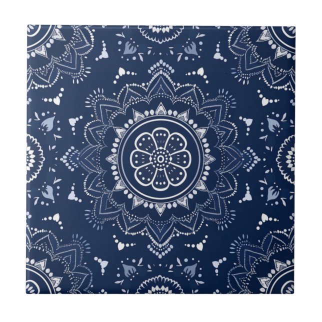 Indigo Azulejo Blue portugisisk Mandala Decorative Kakelplatta (Framsidan)