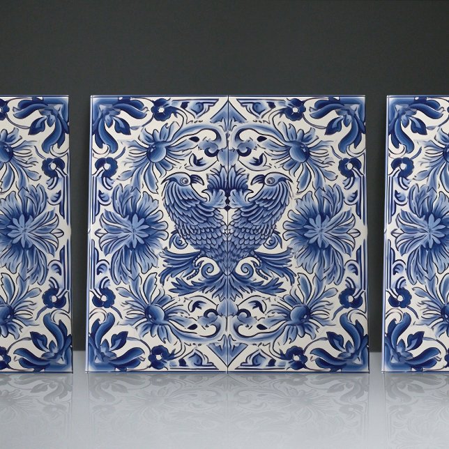 Indigo Azulejo Blue Portugisiska Lissabonfåglar Kakelplatta (Skapare uppladdad)