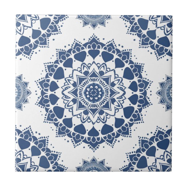 Indigo Azulejo Blue Portugisiska Mandala Kakelplatta (Framsidan)