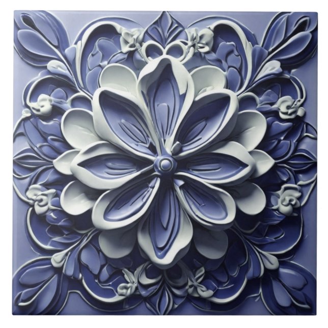 Indigo Azulejo Blue Portuguesa Faux Relief Blommig Kakelplatta (Framsidan)