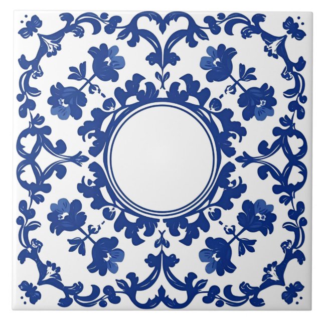 Indigo Azulejo Blue Portuguese Lisbon Botanical Kakelplatta (Framsidan)