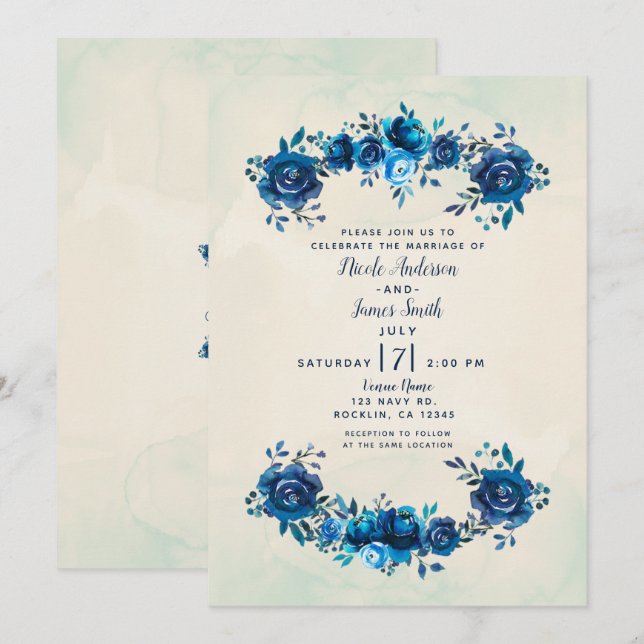 Indigo Blå & Beige Akvarell Blommig Bröllop Inbjudningar (Fram/baksida)