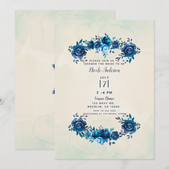 Indigo Blå Beige Akvarell Blommor Bröllopsdusch Inbjudningar (Fram/baksida)