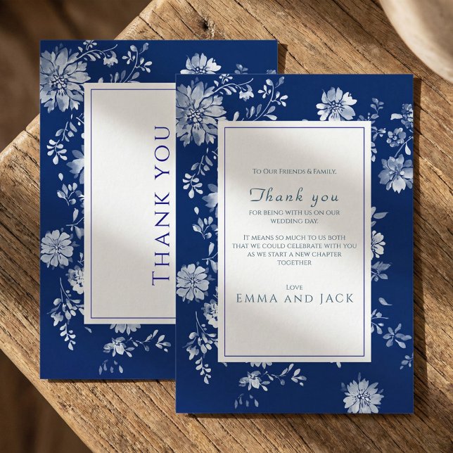 Indigo Blå Blommig Chinoiserie Bröllop Tack Kort (Indigo Blue Floral Chinoiserie Wedding Thank You)