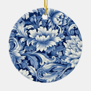 Indigo blå blommor julgransprydnad keramik