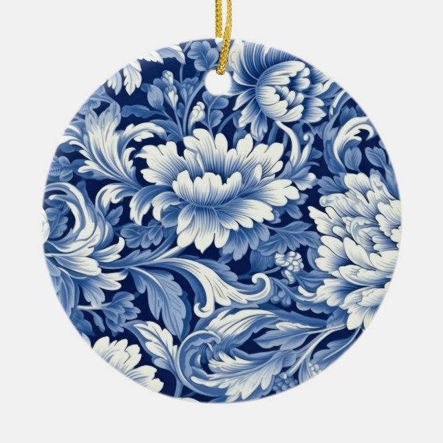 Indigo blå blommor julgransprydnad keramik (Framsidan)