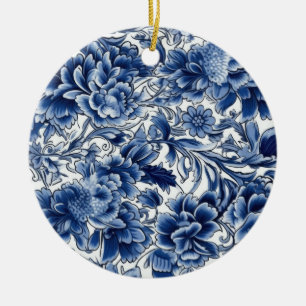 Indigo Blå Blommor Julgransprydnad Keramik