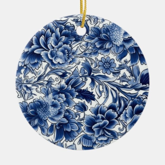 Indigo Blå Blommor Julgransprydnad Keramik (Framsidan)